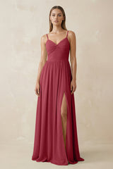 Merlot Spaghetti Strap Pleated A-Line Chiffon Bridesmaid Dress | KISSBRIDAL