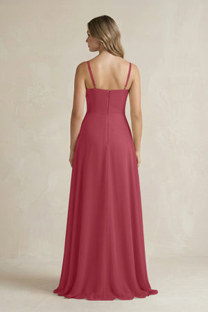 Merlot Spaghetti Strap Ruffled A-Line Chiffon Bridesmaid Dress (2) | KISSBRIDAL