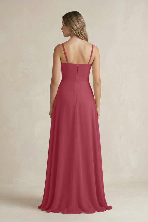 Merlot Spaghetti Strap Ruffled A-Line Chiffon Bridesmaid Dress (2) | KISSBRIDAL