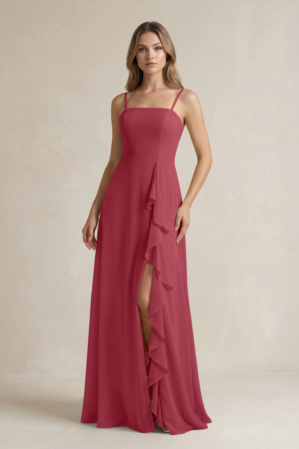 Spaghetti Strap Ruffled A-Line Chiffon Bridesmaid Dress in Merlot