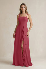 Merlot Spaghetti Strap Ruffled A-Line Chiffon Bridesmaid Dress | KISSBRIDAL