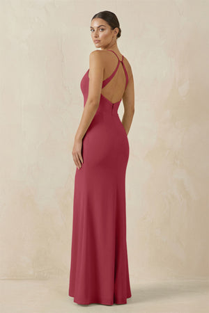 Merlot Spaghetti Strap Sheath Chiffon Bridesmaid Dress With Slit (2) | KISSBRIDAL
