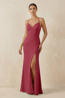 Merlot Spaghetti Strap Sheath Chiffon Bridesmaid Dress With Slit | KISSBRIDAL