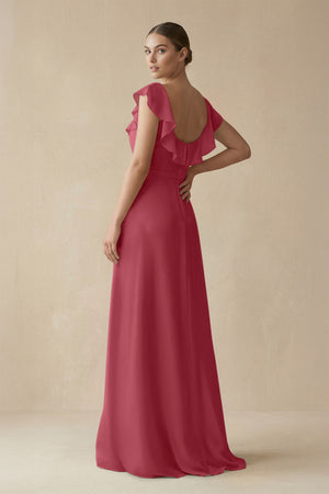 Merlot Square Neck A-Line Bridesmaid Dress with Ruffles (2) | KISSBRIDAL
