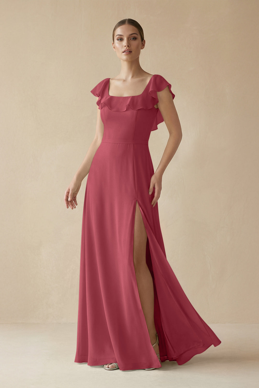 Square Neck A-Line Bridesmaid Dress with Ruffles in Merlot