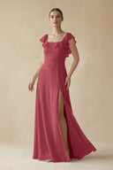 Merlot Square Neck A-Line Bridesmaid Dress with Ruffles | KISSBRIDAL