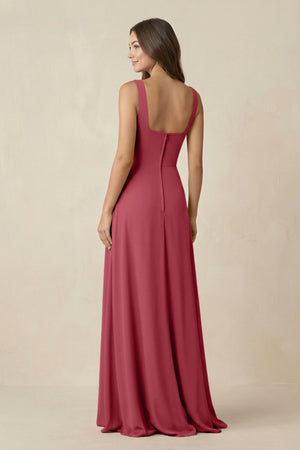 Merlot Square Neck A-Line Bridesmaid Dress With Slit (2) | KISSBRIDAL