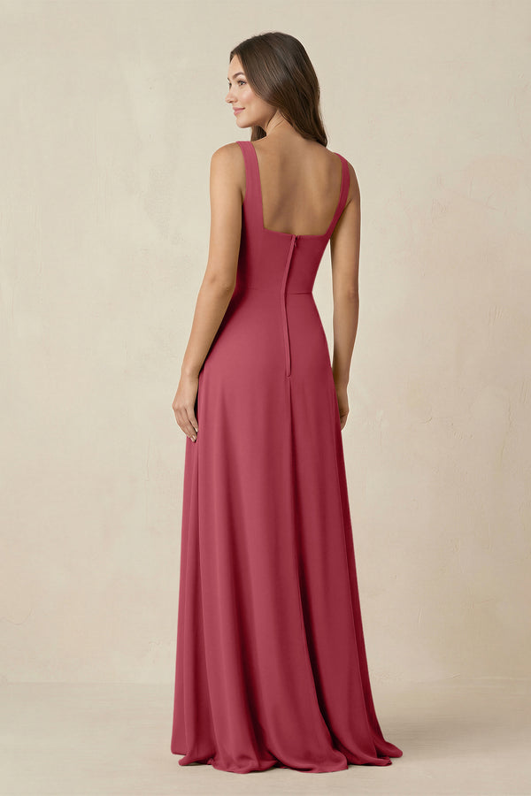Merlot Square Neck A-Line Bridesmaid Dress With Slit (2) | KISSBRIDAL