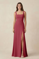 Merlot Square Neck A-Line Bridesmaid Dress With Slit | KISSBRIDAL