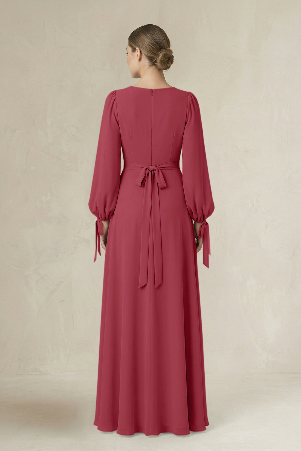 Square Neck Long Sleeve A-Line Chiffon Bridesmaid Dress in Merlot