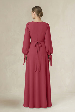 Merlot Square Neck Long Sleeve A-Line Chiffon Bridesmaid Dress in Merlot (2) | KISSBRIDAL