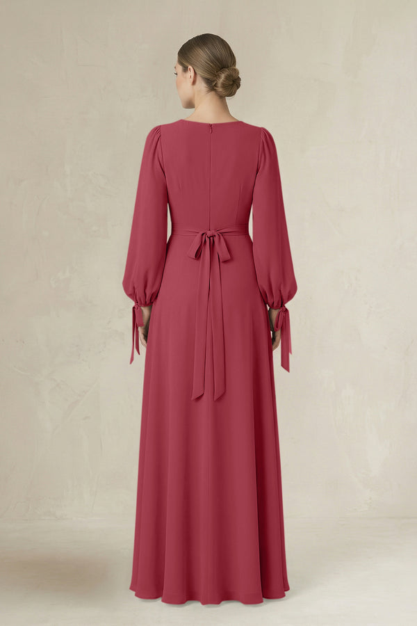 Merlot Square Neck Long Sleeve A-Line Chiffon Bridesmaid Dress in Merlot (2) | KISSBRIDAL