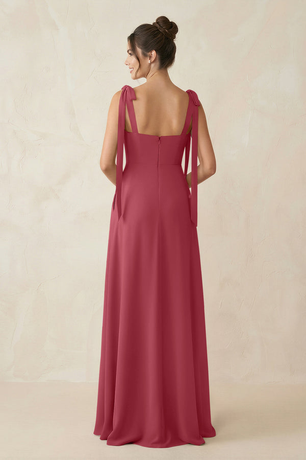Merlot Square Neck Sheath Chiffon Bridesmaid Dress with Bow (2) | KISSBRIDAL