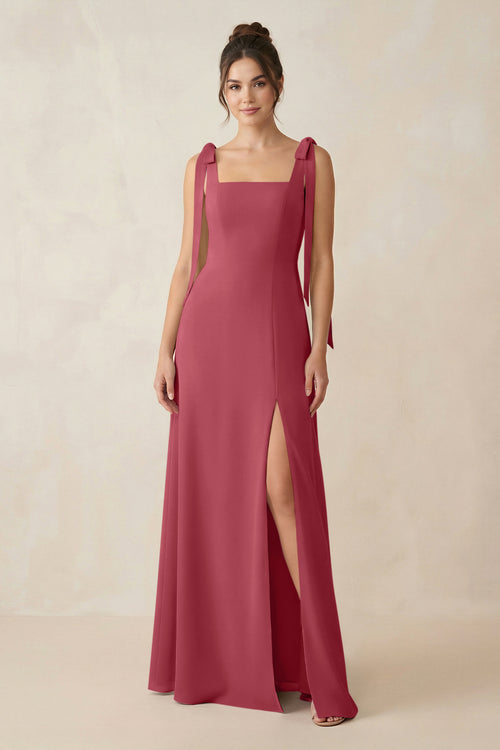 Merlot Square Neck Sheath Chiffon Bridesmaid Dress with Bow | KISSBRIDAL