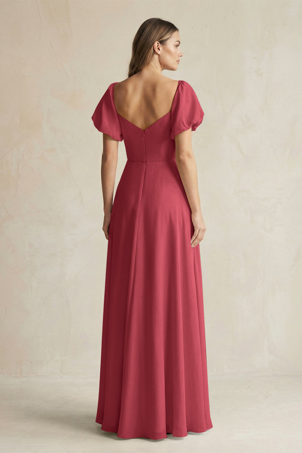 Sweetheart Puff Sleeve A-Line Chiffon Bridesmaid Dress in Merlot