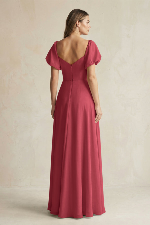 Merlot Sweetheart Puff Sleeve A-Line Chiffon Bridesmaid Dress (2) | KISSBRIDAL