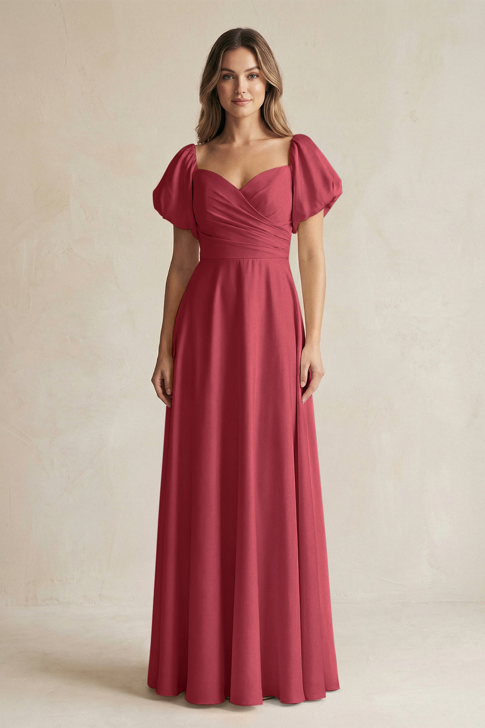 Sweetheart Puff Sleeve A-Line Chiffon Bridesmaid Dress in Merlot