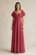 Merlot Sweetheart Puff Sleeve A-Line Chiffon Bridesmaid Dress | KISSBRIDAL