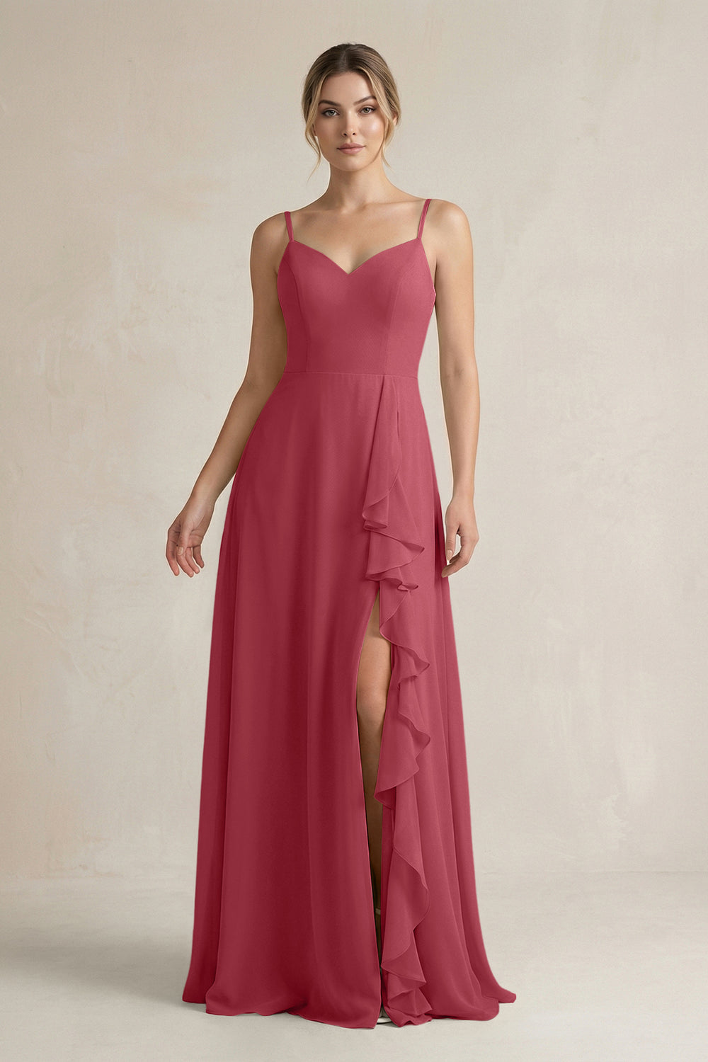 Sweetheart Ruffled A-Line Chiffon Bridesmaid Dress with Slit in Merlot