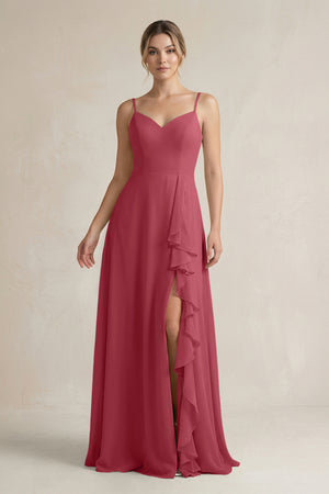 Merlot Sweetheart Ruffled A-Line Chiffon Bridesmaid Dress with Slit | KISSBRIDAL