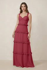 Merlot Sweetheart Tiered A-Line Chiffon Bridesmaid Dress | KISSBRIDAL