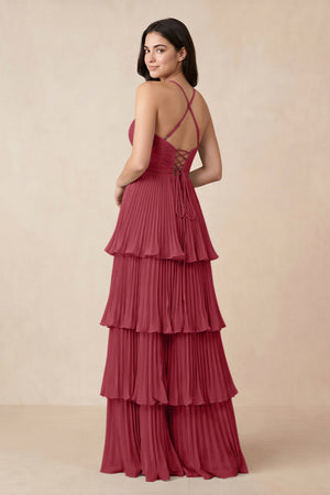 Merlot Tiered Pleated V-Neck A-Line Chiffon Bridesmaid Dress (2) | KISSBRIDAL