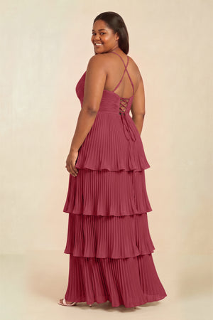 Merlot Tiered Pleated V-Neck A-Line Chiffon Bridesmaid Dress (2) [sizeplus] | KISSBRIDAL
