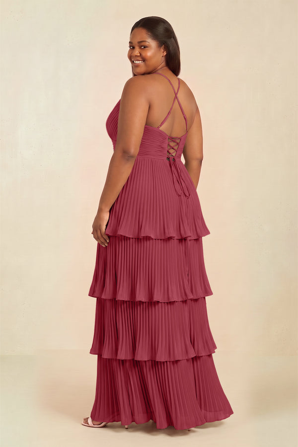 Merlot Tiered Pleated V-Neck A-Line Chiffon Bridesmaid Dress (2) [sizeplus] | KISSBRIDAL