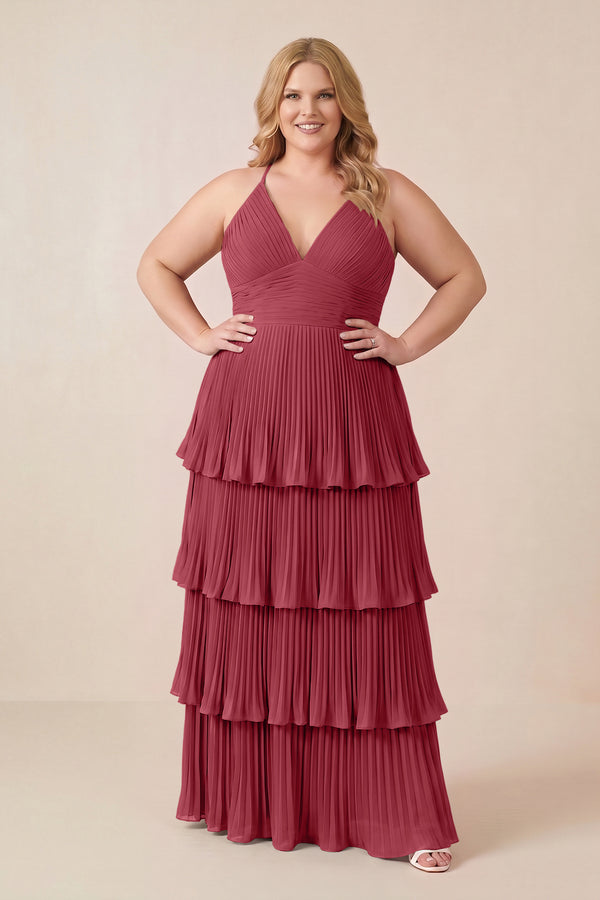 Merlot Tiered Pleated V-Neck A-Line Chiffon Bridesmaid Dress (3) [sizeplus] | KISSBRIDAL