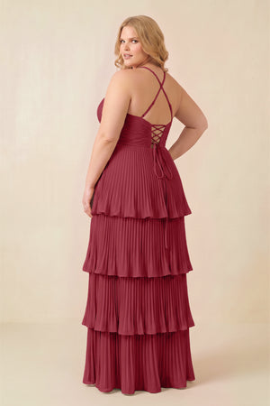 Merlot Tiered Pleated V-Neck A-Line Chiffon Bridesmaid Dress (4) [sizeplus] | KISSBRIDAL