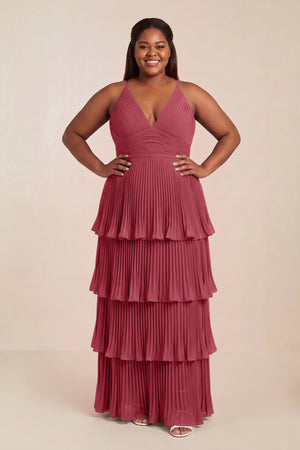 Merlot Tiered Pleated V-Neck A-Line Chiffon Bridesmaid Dress [sizeplus] | KISSBRIDAL