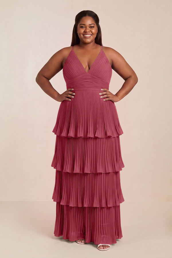 Merlot Tiered Pleated V-Neck A-Line Chiffon Bridesmaid Dress [sizeplus] | KISSBRIDAL