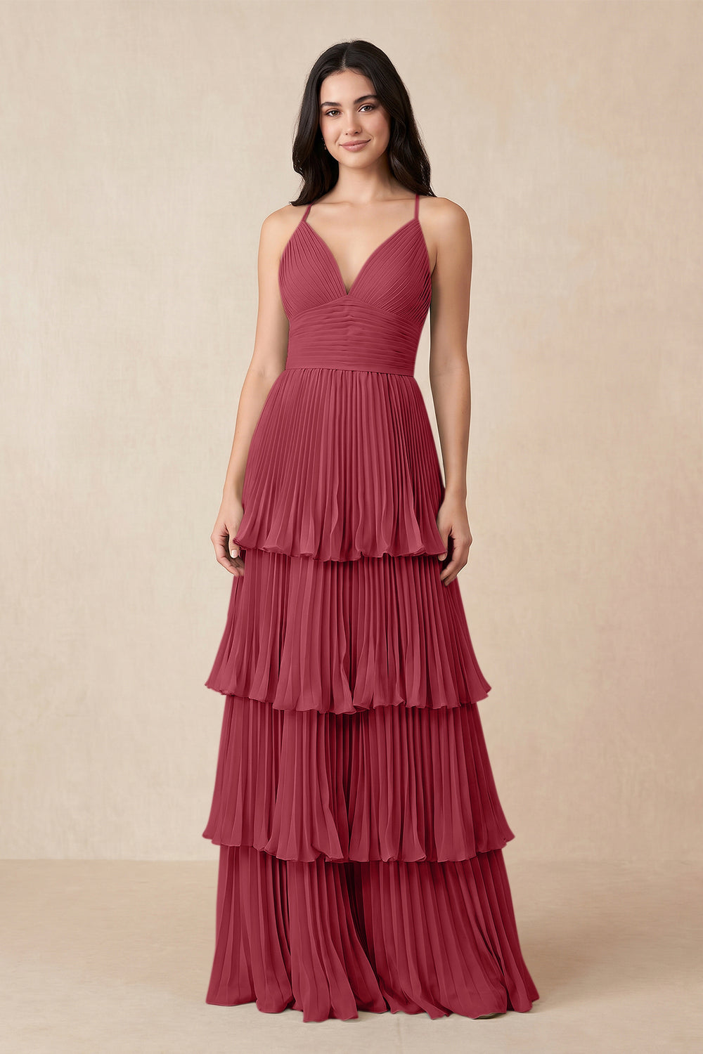 Tiered Pleated V-Neck A-Line Chiffon Bridesmaid Dress in Merlot