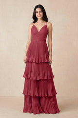 Merlot Tiered Pleated V-Neck A-Line Chiffon Bridesmaid Dress | KISSBRIDAL