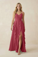 Merlot Tiered Ruffle A-Line Chiffon Bridesmaid Dress | KISSBRIDAL
