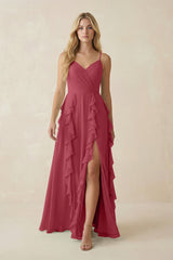 Merlot Tiered Ruffle A-Line Chiffon Bridesmaid Dress | KISSBRIDAL