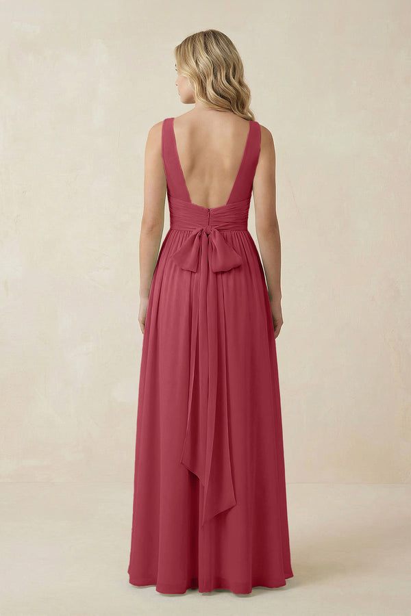 Merlot V-Neck A-Line Bridesmaid Dress with Back Bow (2) | KISSBRIDAL