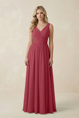 Merlot V-Neck A-Line Bridesmaid Dress with Back Bow | KISSBRIDAL