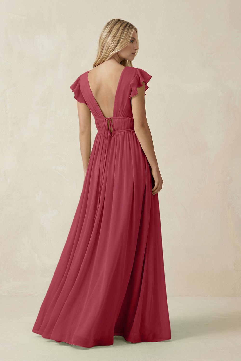 V-Neck A-Line Chiffon Cap Sleeves Bridesmaid Dress in Merlot