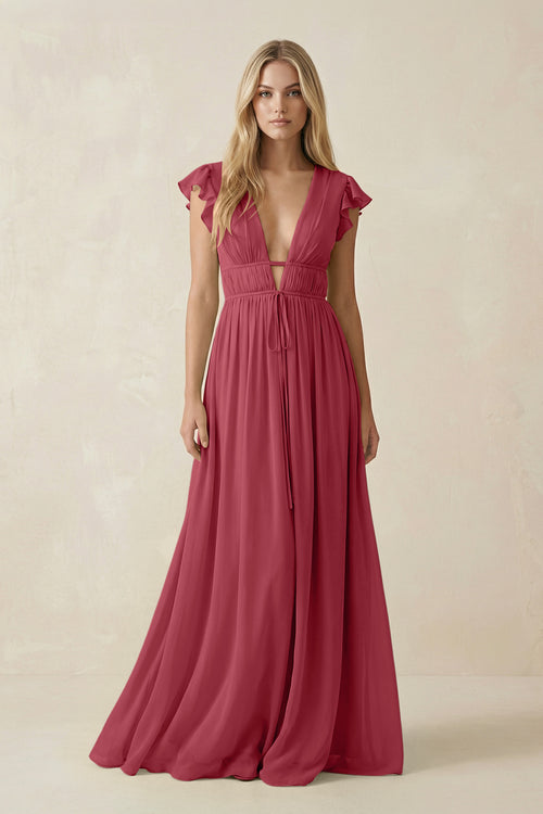 Merlot V-Neck A-Line Chiffon Cap Sleeves Bridesmaid Dress | KISSBRIDAL