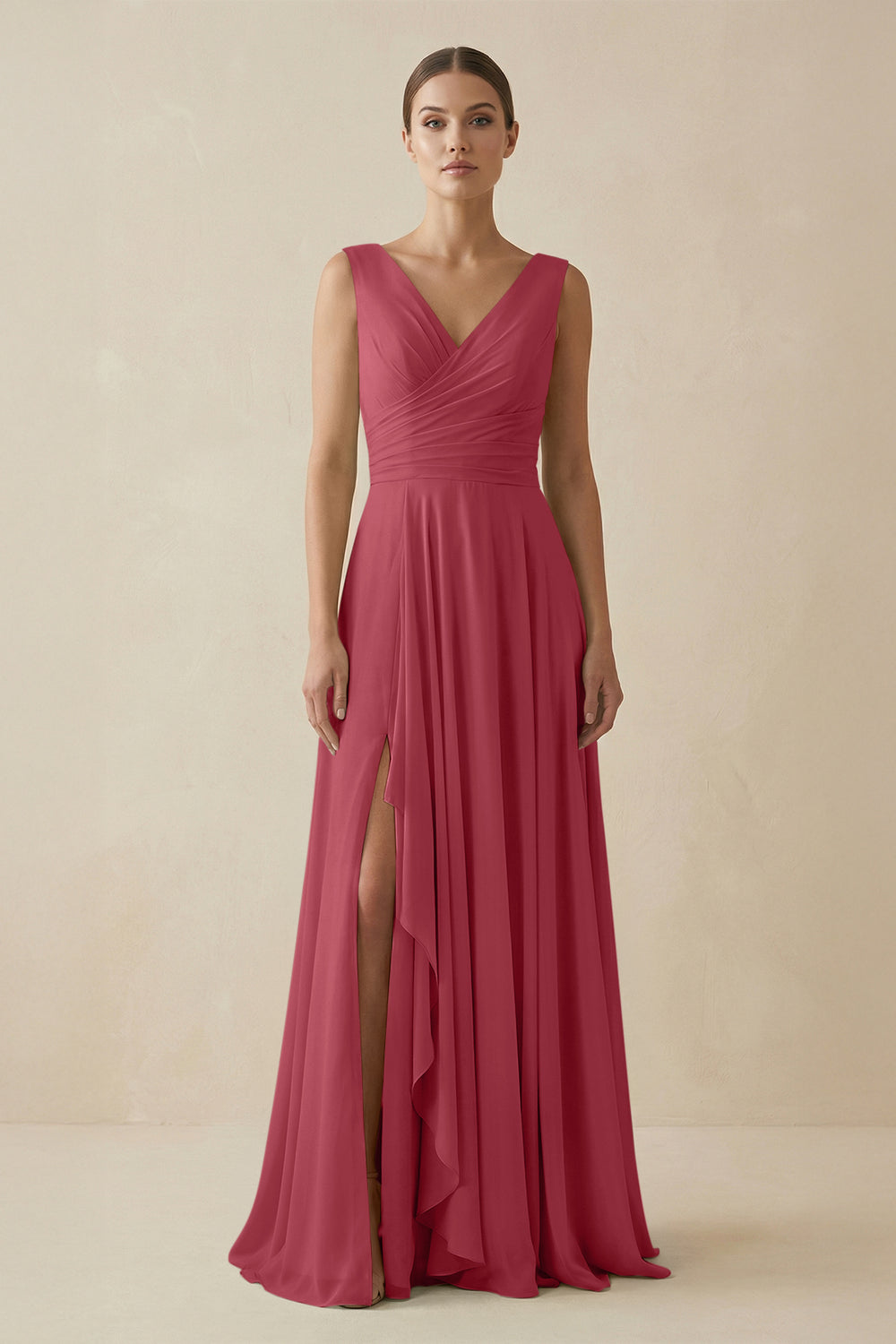 V-Neck A-Line Chiffon Ruffled Bridesmaid Dress in Merlot