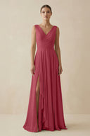 Merlot V-Neck A-Line Chiffon Ruffled Bridesmaid Dress | KISSBRIDAL