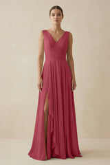 Merlot V-Neck A-Line Chiffon Ruffled Bridesmaid Dress | KISSBRIDAL