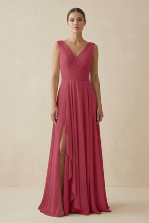 Merlot V-Neck A-Line Chiffon Ruffled Bridesmaid Dress | KISSBRIDAL