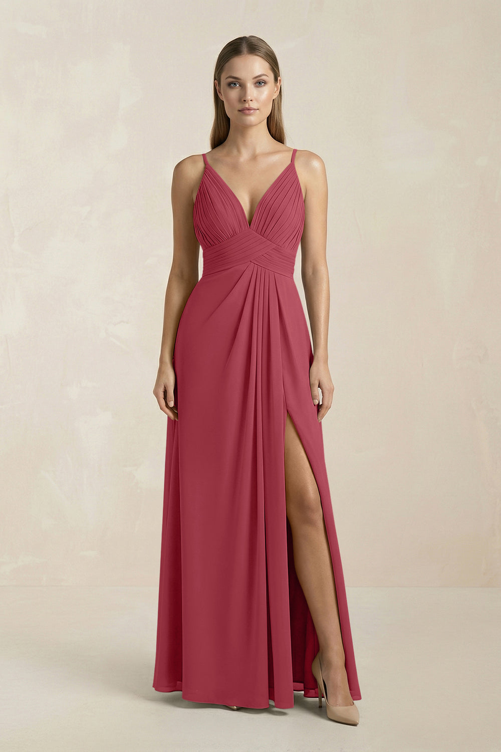 V-Neck A-Line Pleated Chiffon Bridesmaid Dress in Merlot