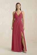 Merlot V-Neck A-Line Pleated Chiffon Bridesmaid Dress | KISSBRIDAL