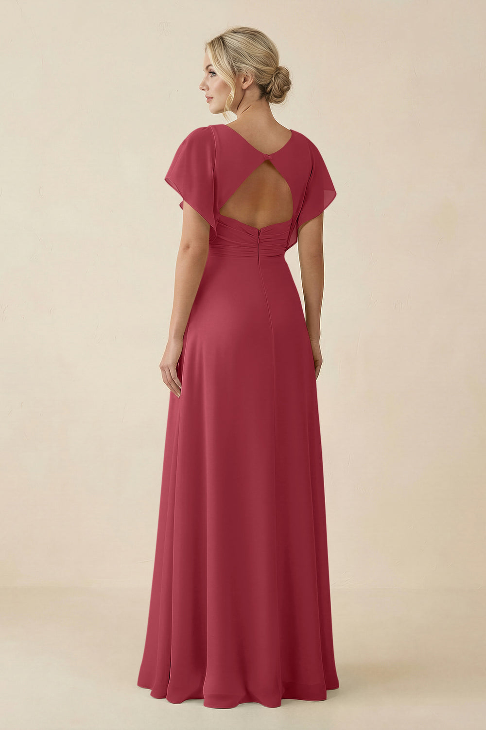 V-Neck Cap Sleeve Chiffon Bridesmaid Dress with Cut-out Back in Merlot