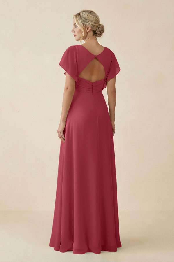 Merlot V-Neck Cap Sleeve Chiffon Bridesmaid Dress with Cut-out Back (2) | KISSBRIDAL