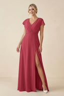 Merlot V-Neck Cap Sleeve Chiffon Bridesmaid Dress with Cut-out Back | KISSBRIDAL