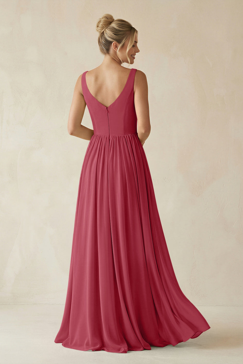 V-Neck Chiffon A-Line Long Bridesmaid Dress in Merlot